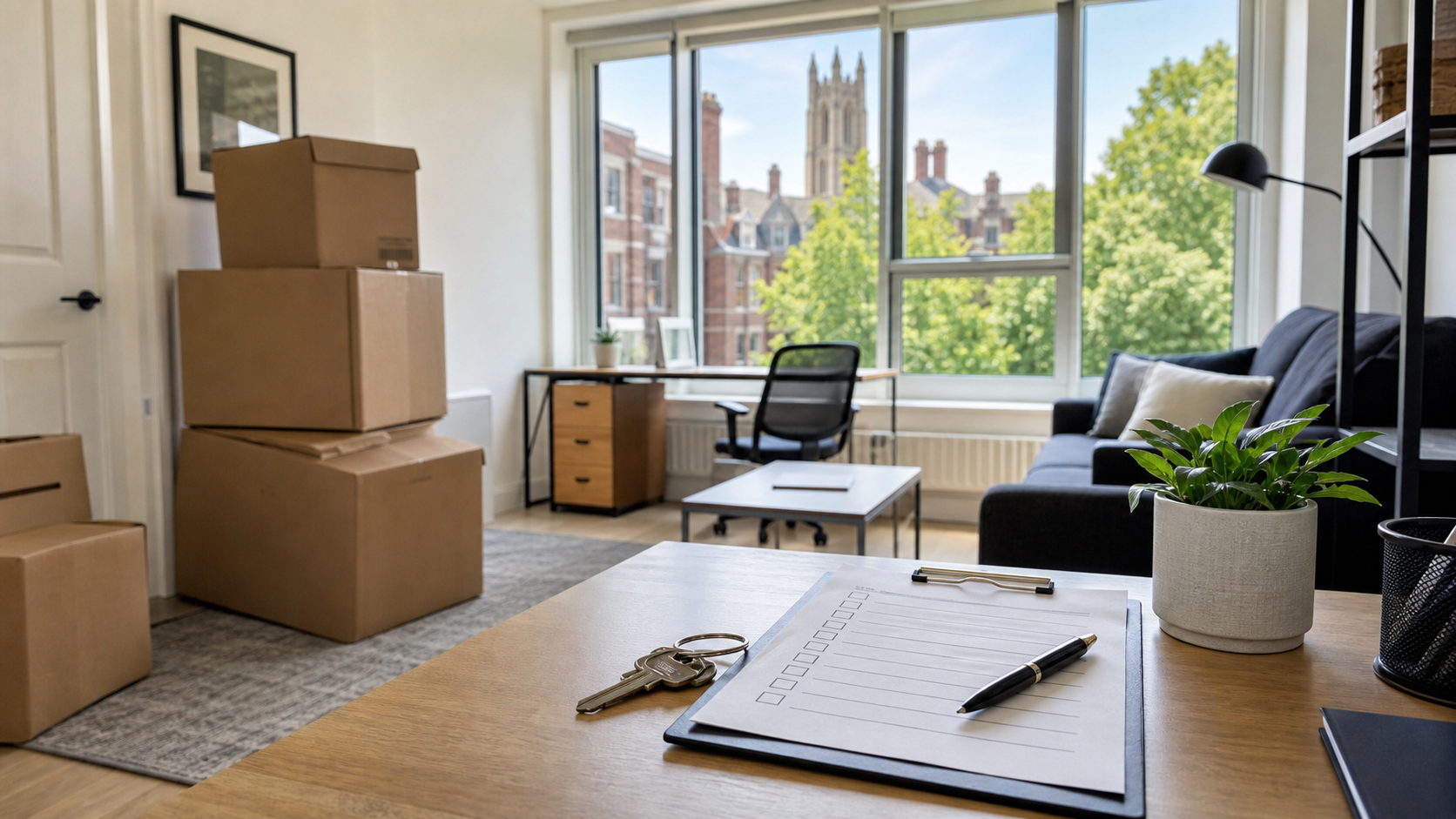 Cambridge apartment entry with moving boxes staged for an academic calendar turnover