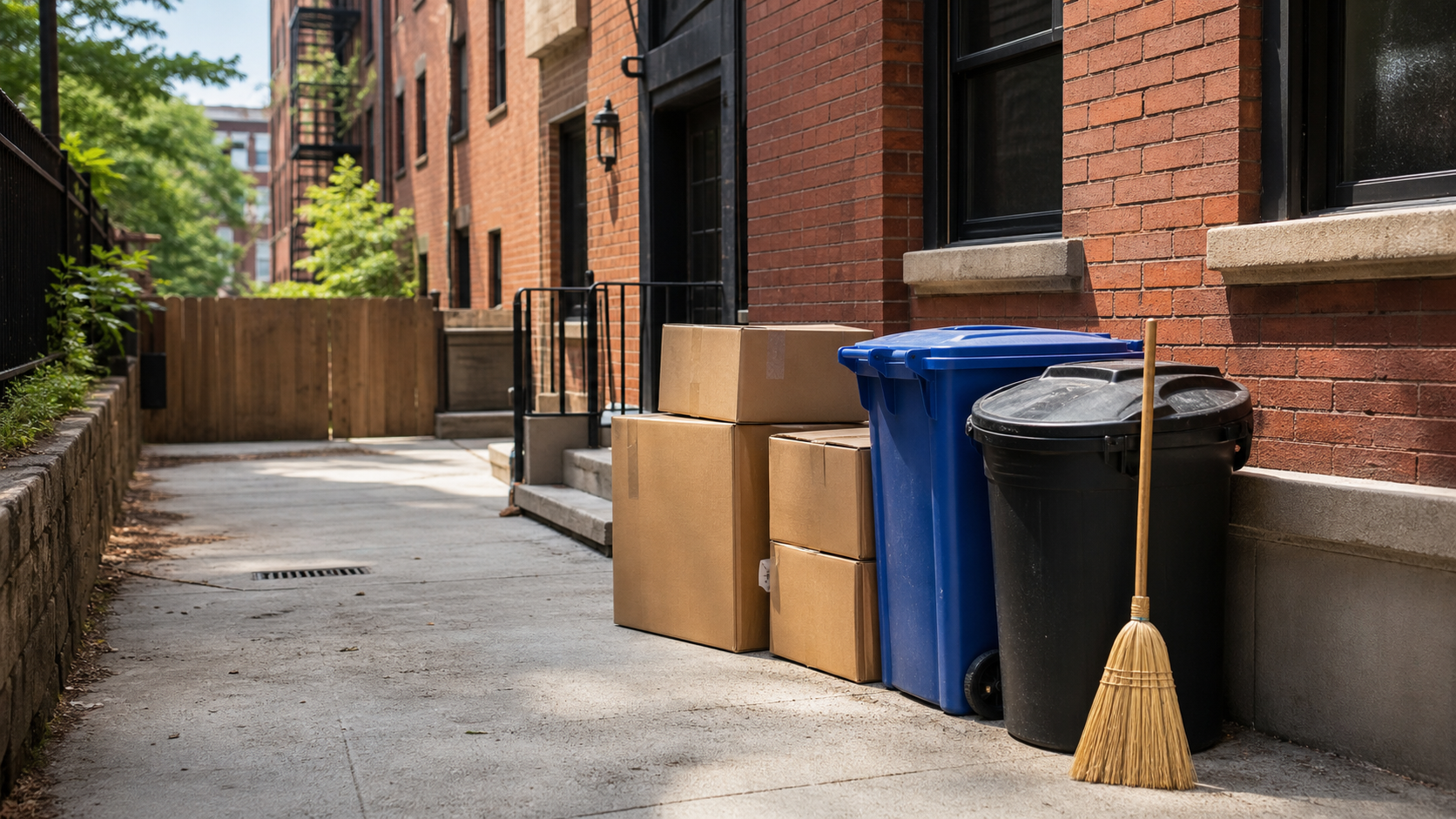 Cambridge rental exterior with neatly staged move-out cleanup materials