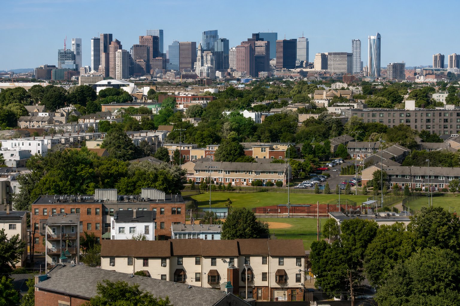 Greater Boston neighborhoods and skyline viewed from above