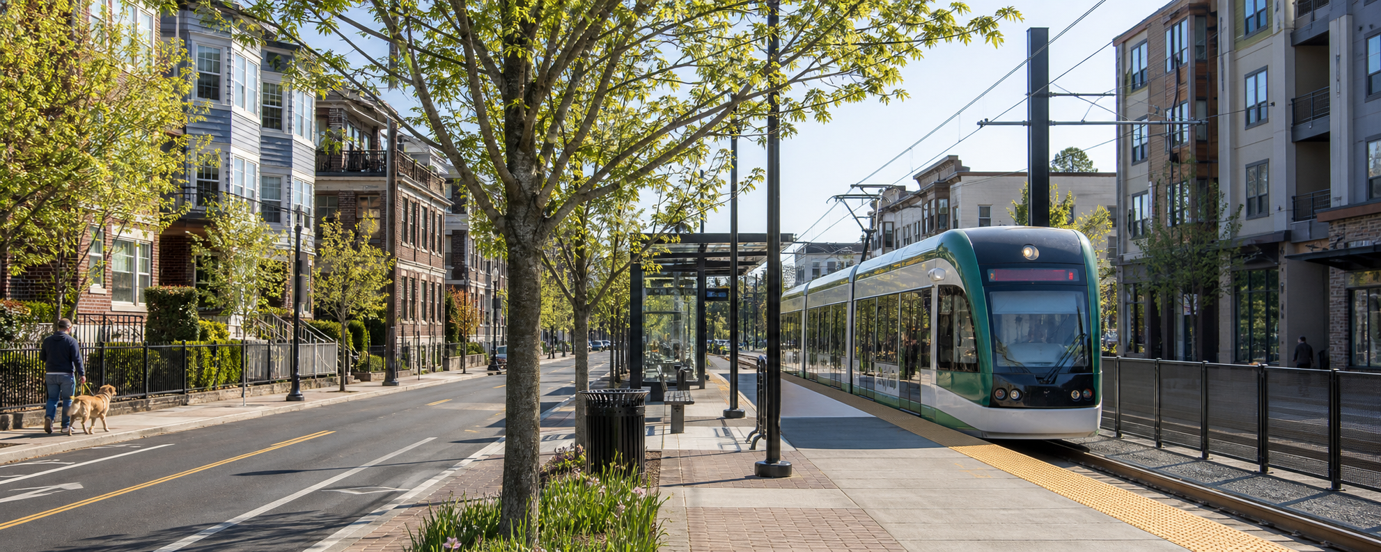 Transit corridor near Green Line Extension stations in Somerville