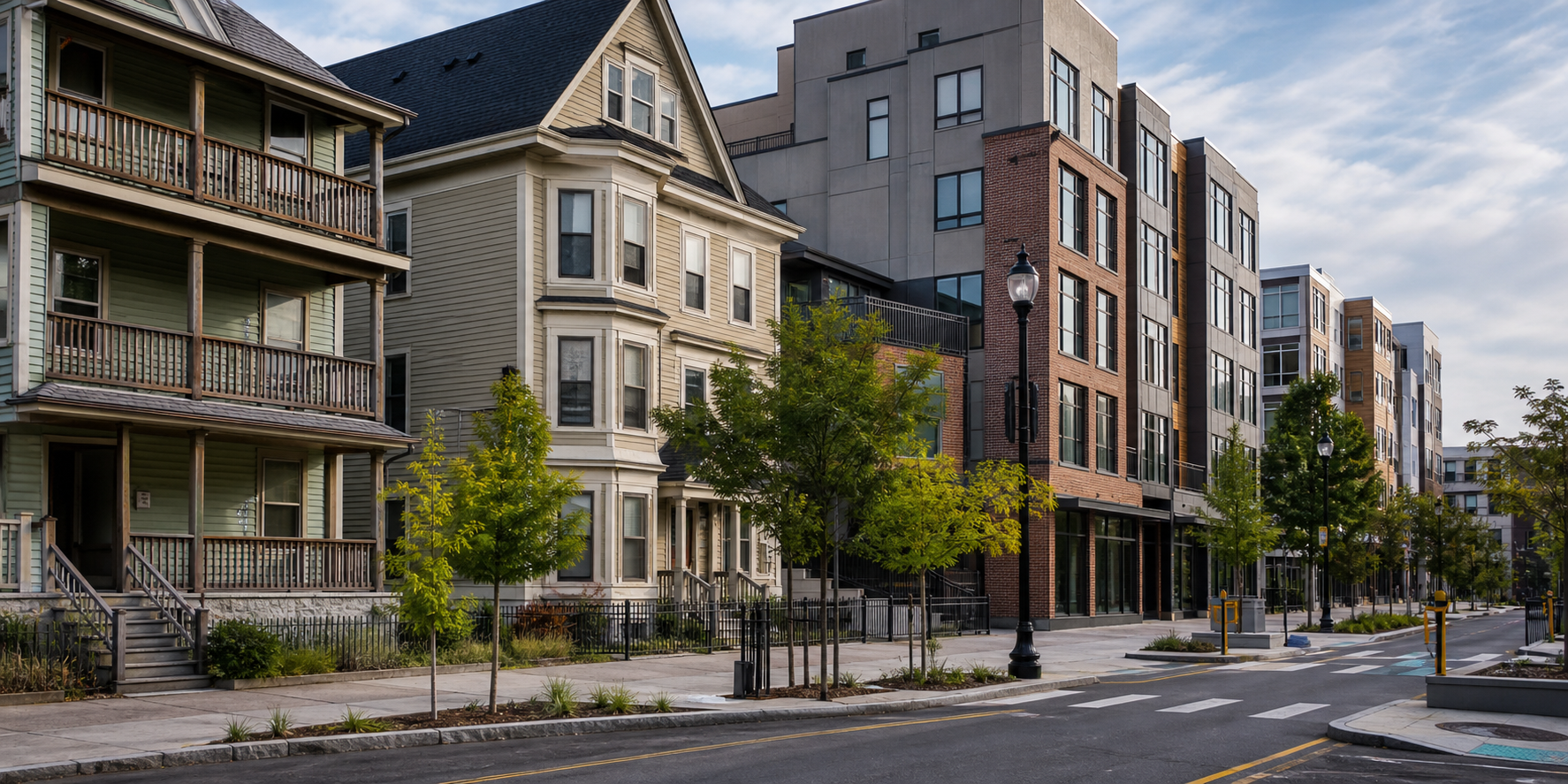 Changing Somerville streetscape with mixed-use development and older housing nearby