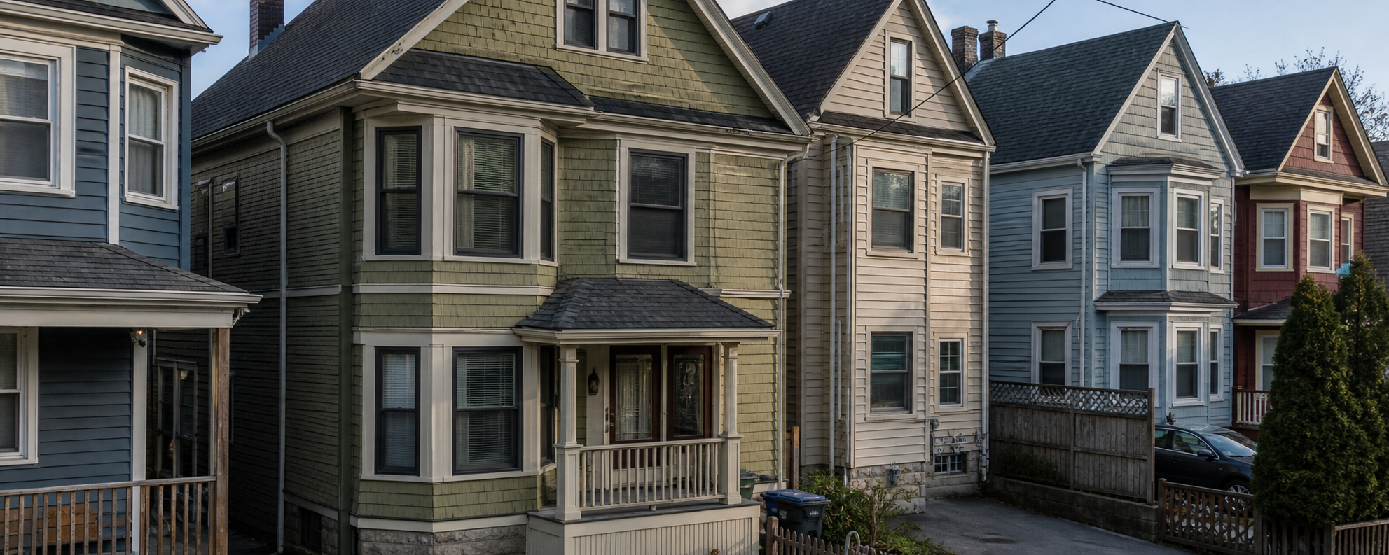 Attached and semi-attached homes along a Somerville residential street