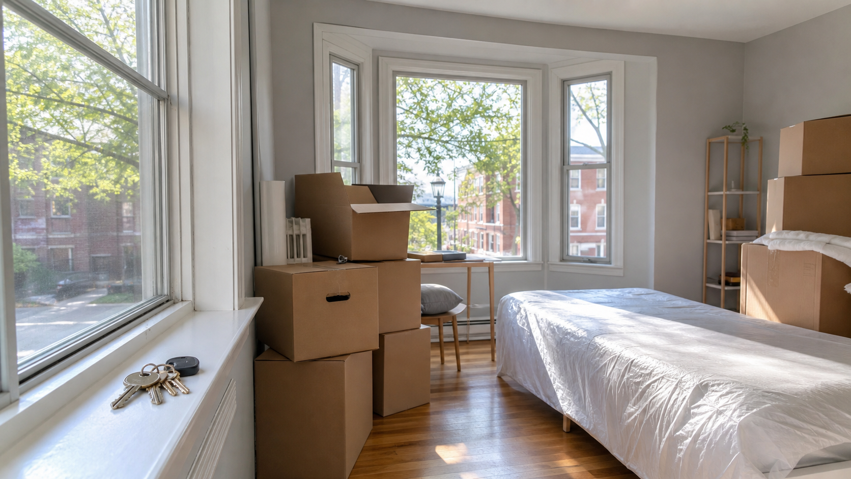 Medford apartment near Tufts prepared for turnover with clean entry and moving boxes