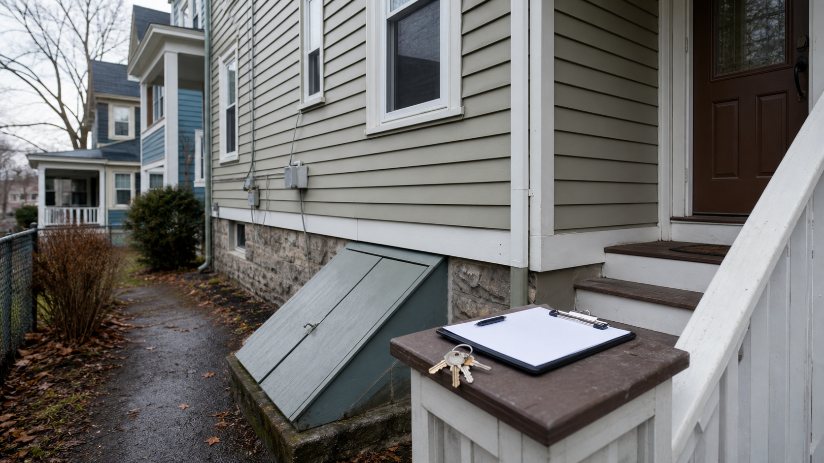 Medford two-family rental exterior with shared entry prepared for inspection