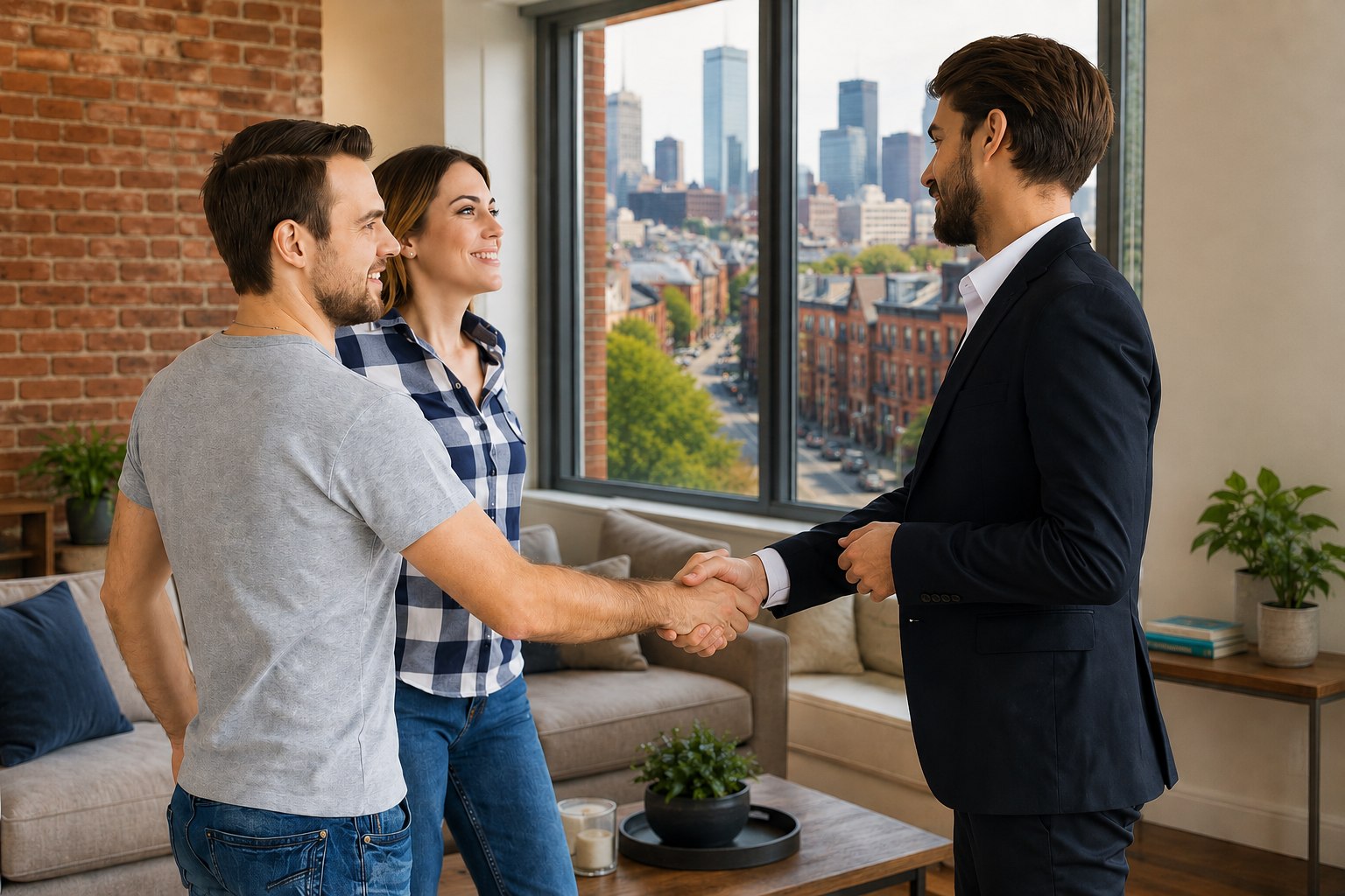 Property manager greeting prospective tenants in a Boston apartment