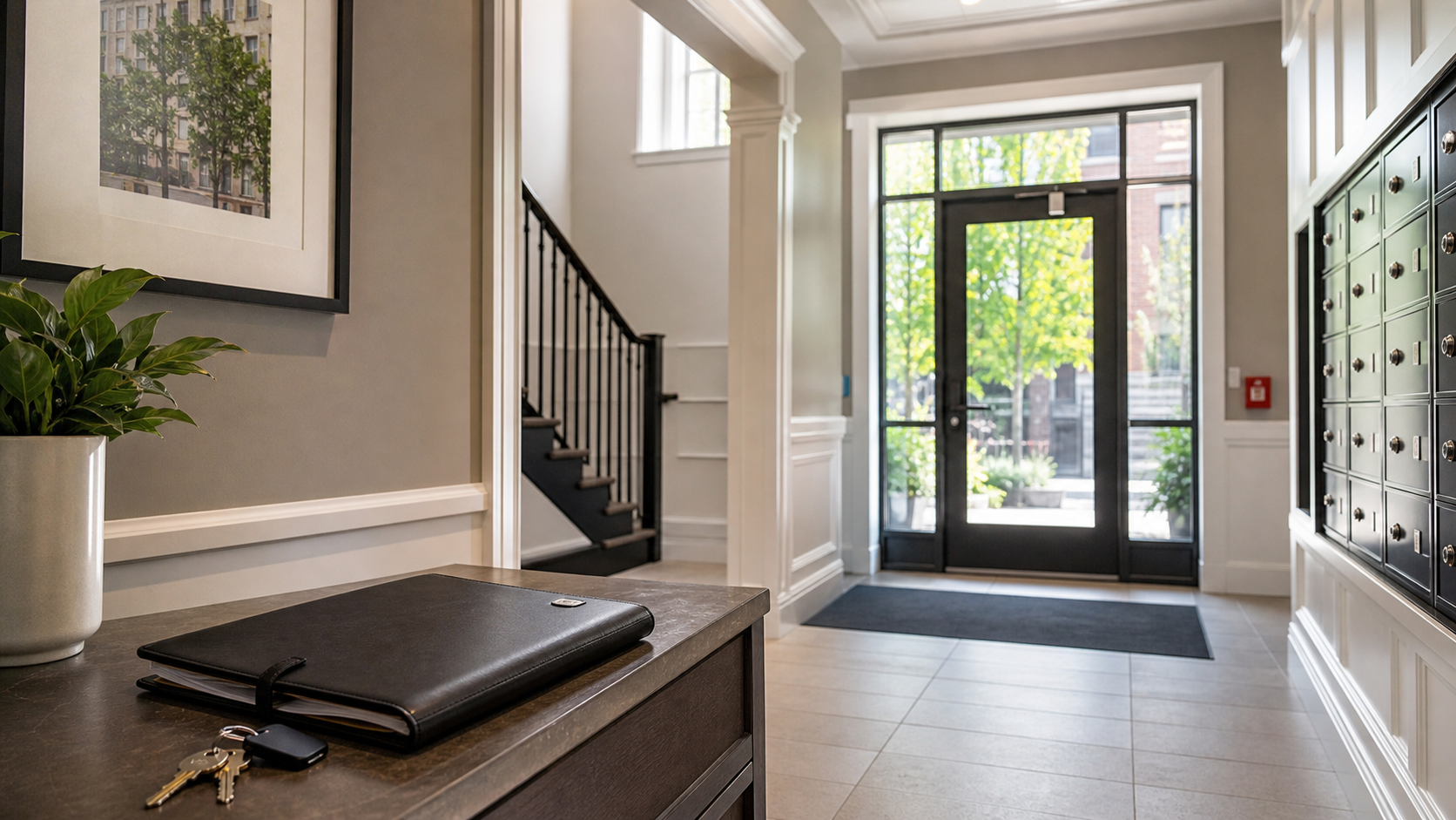 Somerville condo entry with mailboxes and a clean common hallway