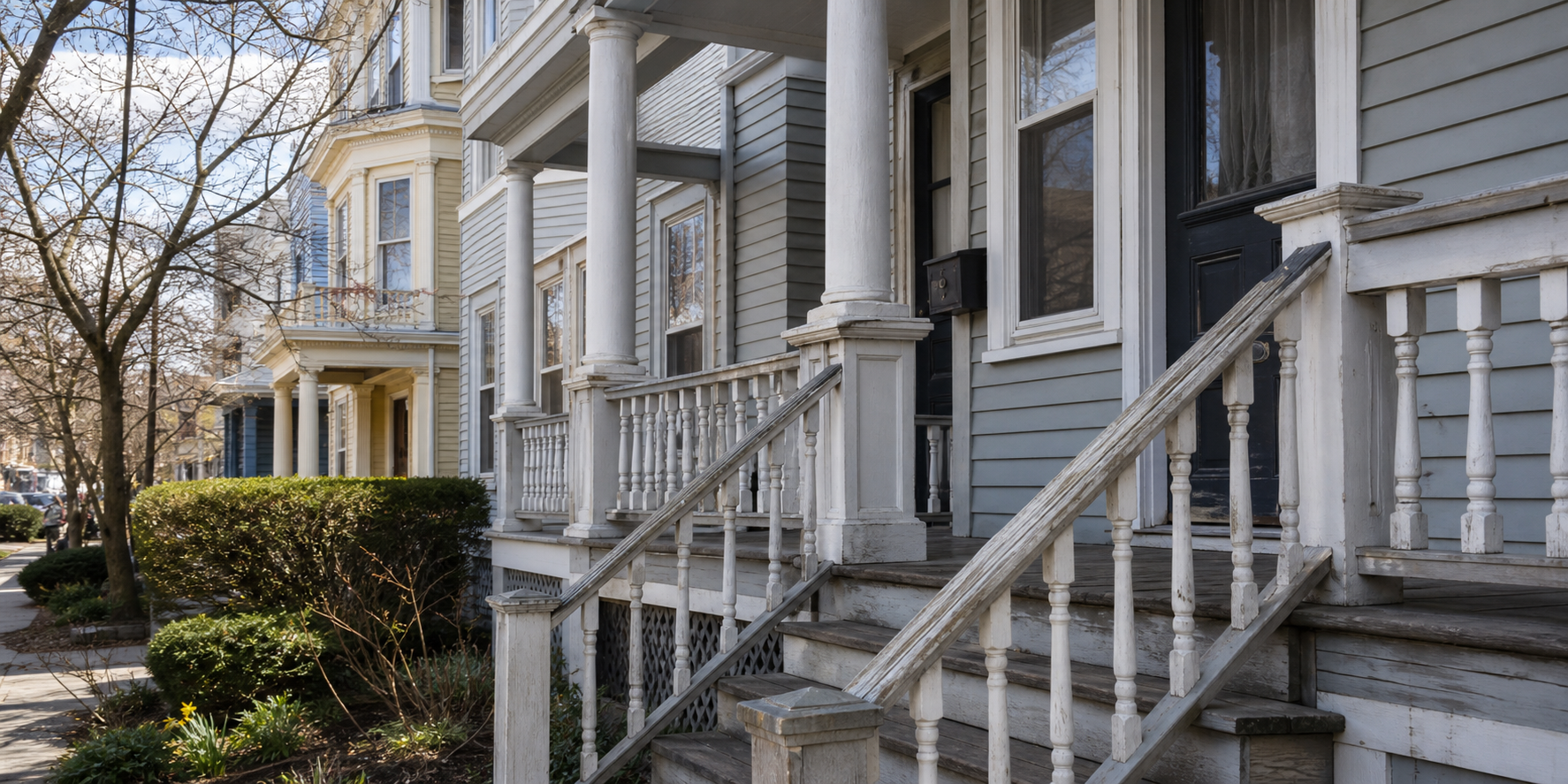 Exterior porch and stair details on a Somerville multifamily rental