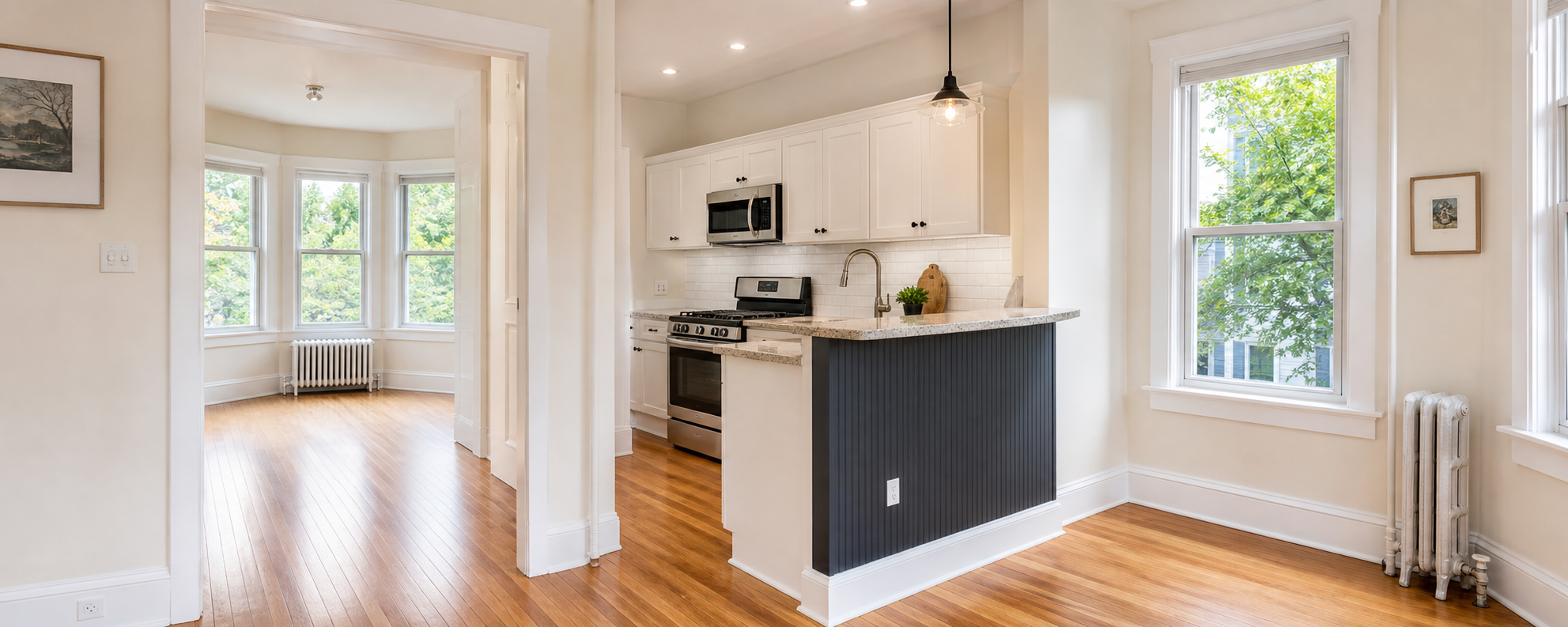 Updated Somerville rental kitchen with practical finishes and layout