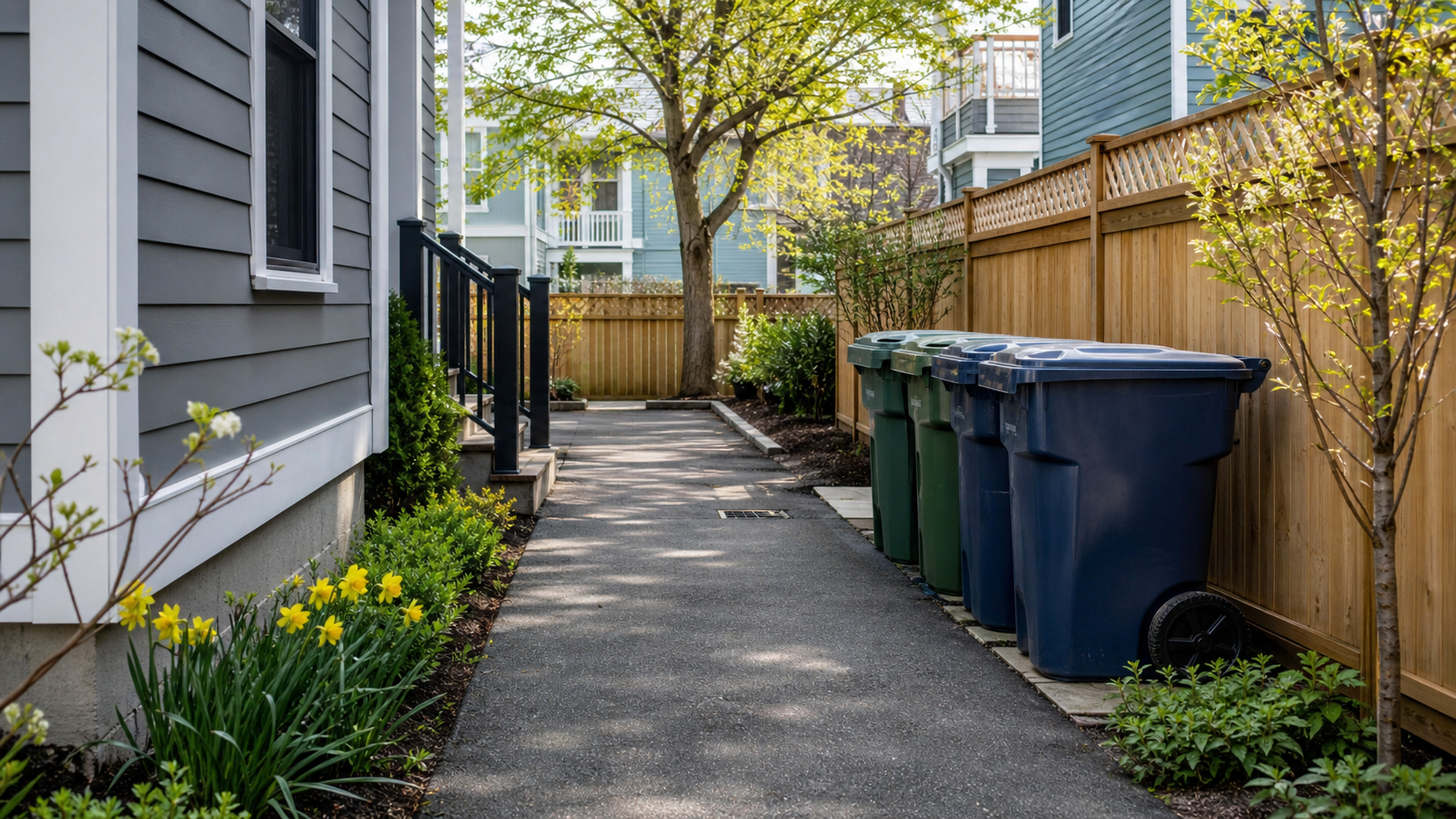 Neatly organized trash and recycling storage beside a Somerville multifamily building