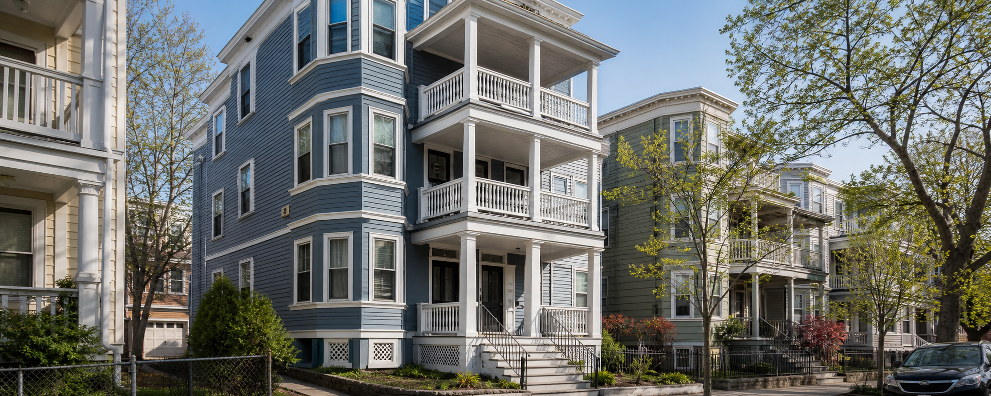 Somerville triple-decker exterior on a tree-lined residential street