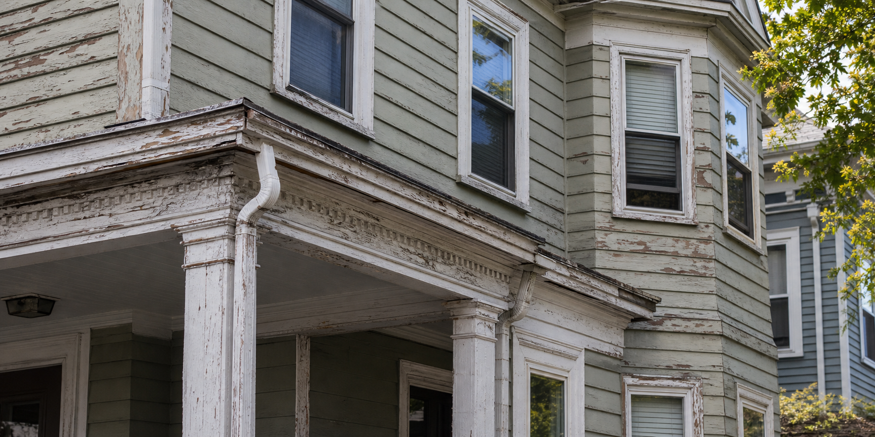 Exterior wear on a Somerville rental showing trim and drainage issues