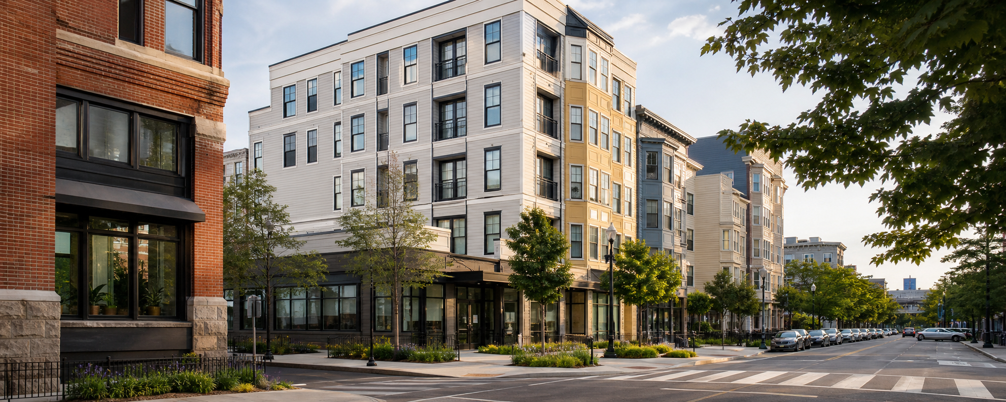 Mixed-use blocks and rental buildings near Union Square in Somerville