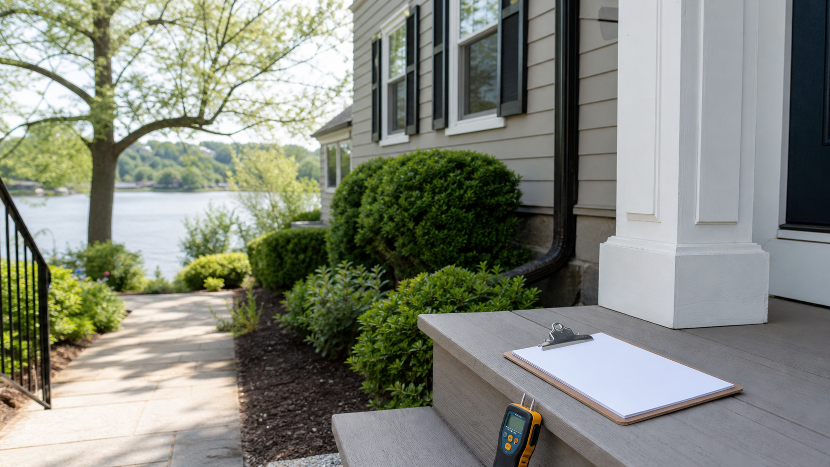 Watertown rental exterior near the Charles River with maintained walkway and landscaping