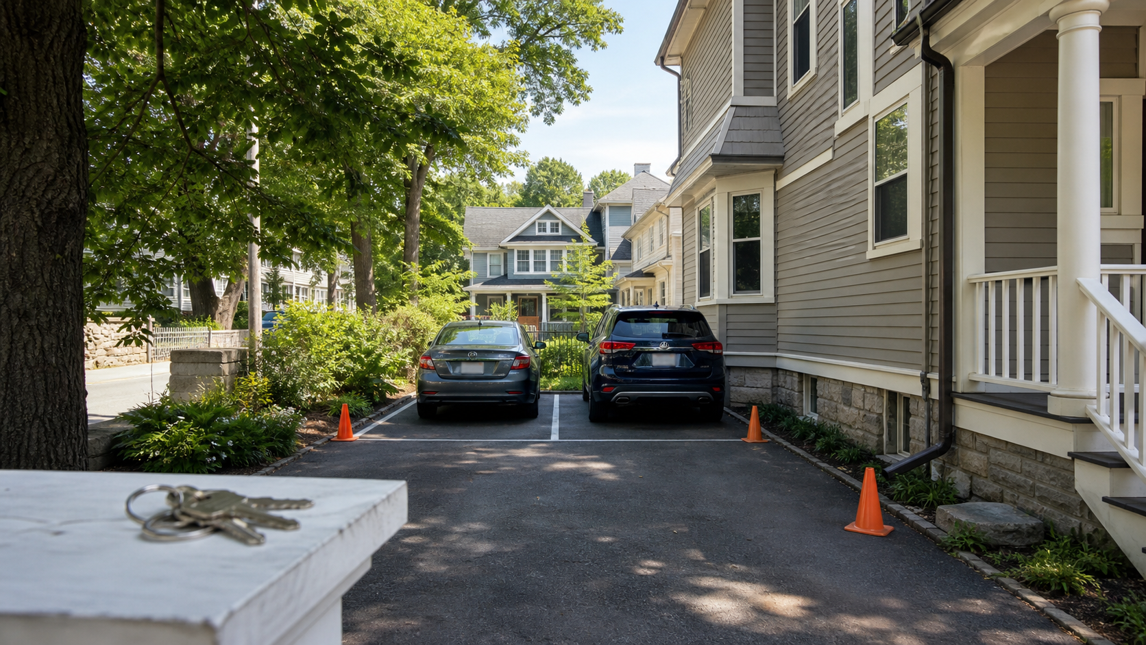 Watertown rental driveway with clearly organized parking spaces beside a multifamily home