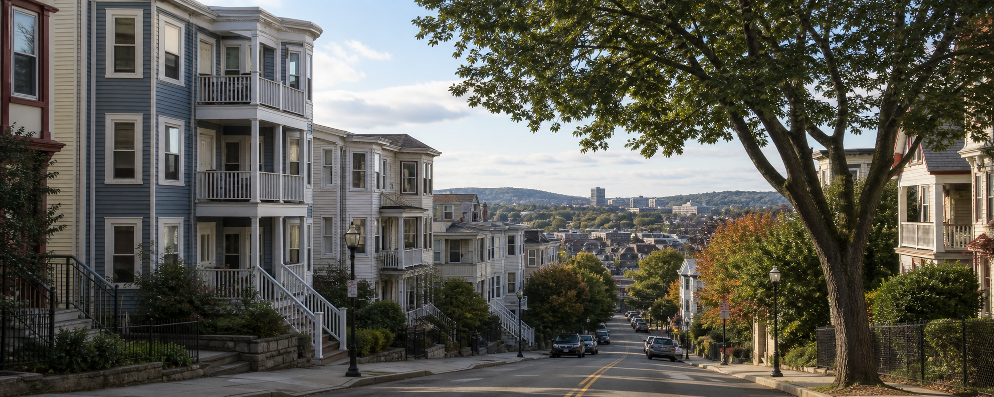 Winter Hill residential street with multifamily housing in Somerville