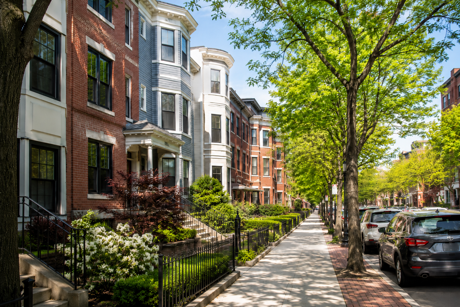 Tree-lined Boston residential homes with front gardens
