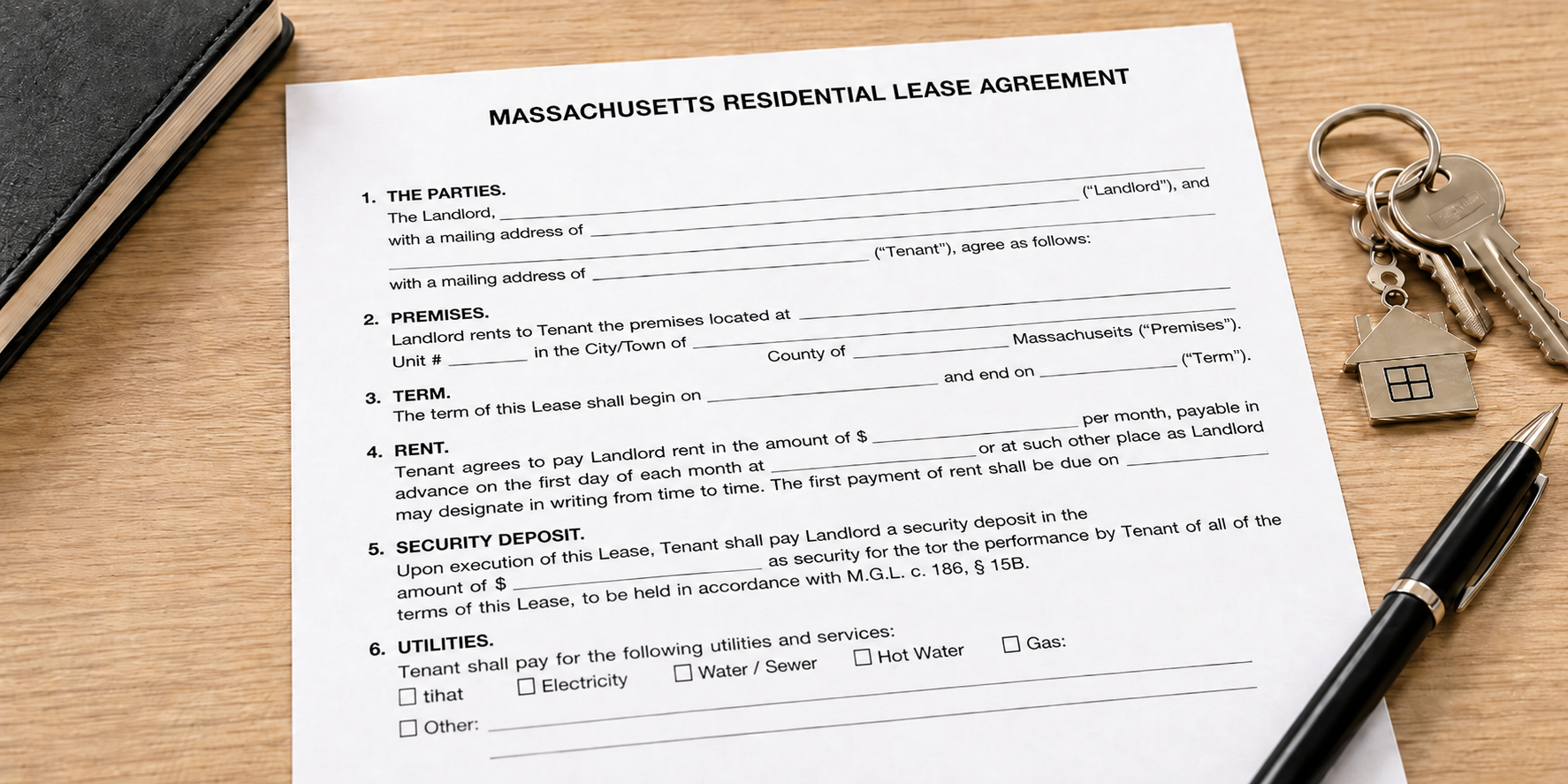 Lease agreement with a pen and house keys on a table