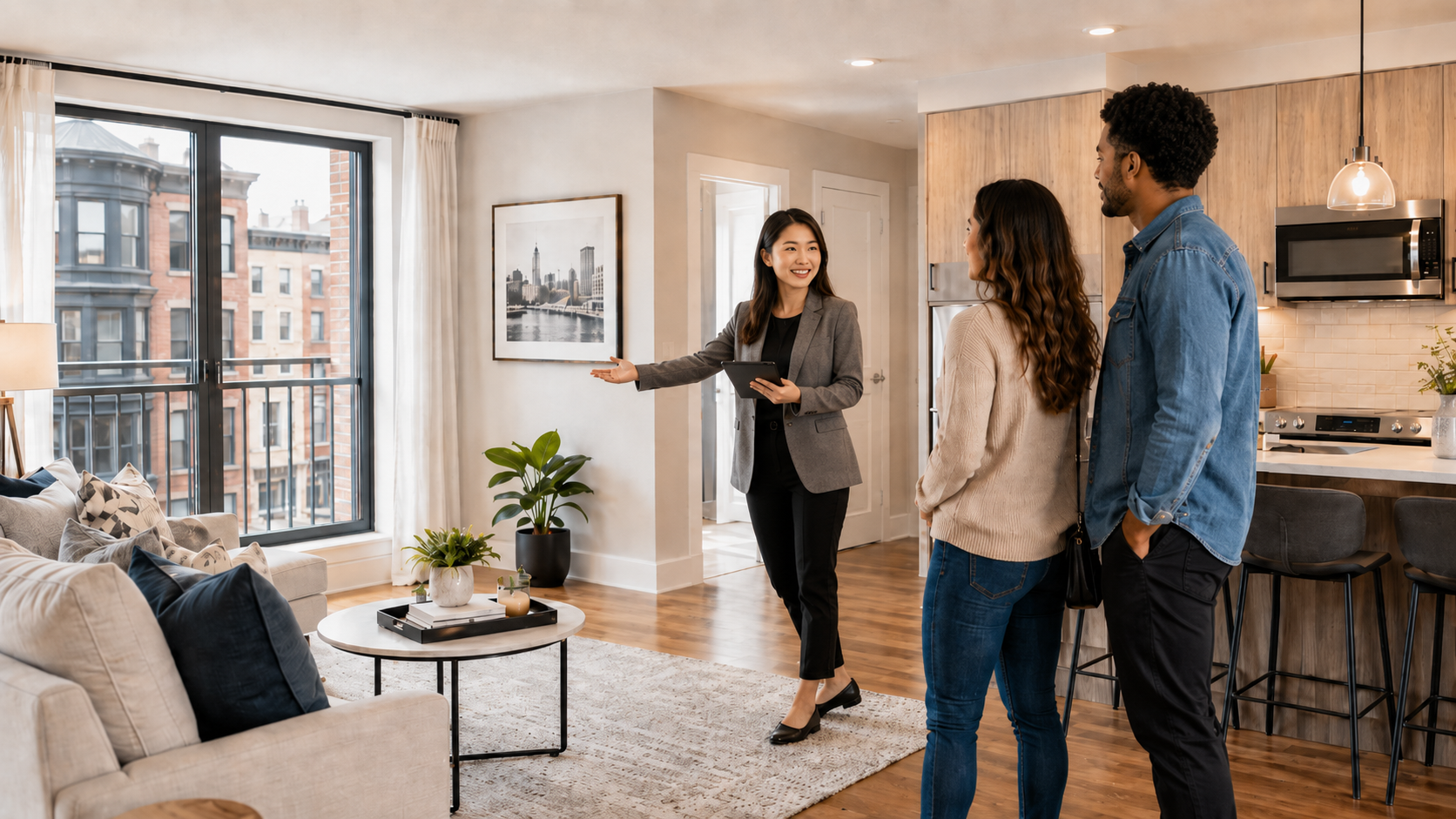 Property manager showing a bright apartment to prospective tenants