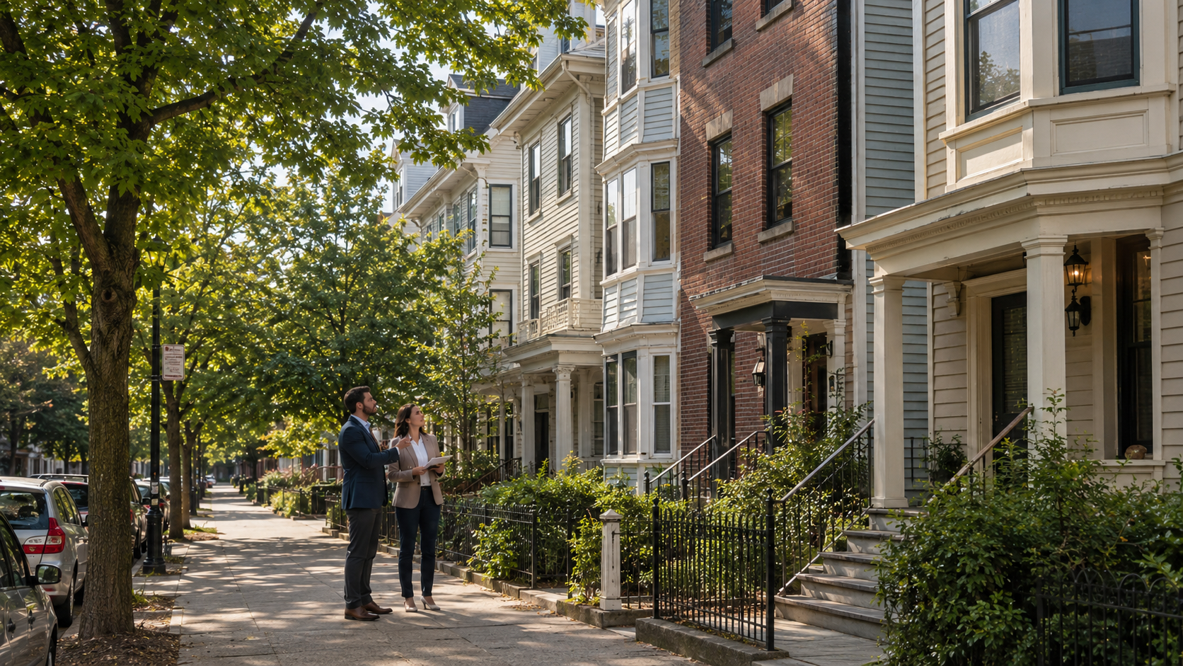 Boston residential homes on a tree-lined street