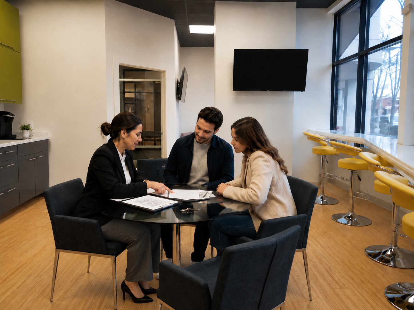 Property manager meeting with tenants to review documents