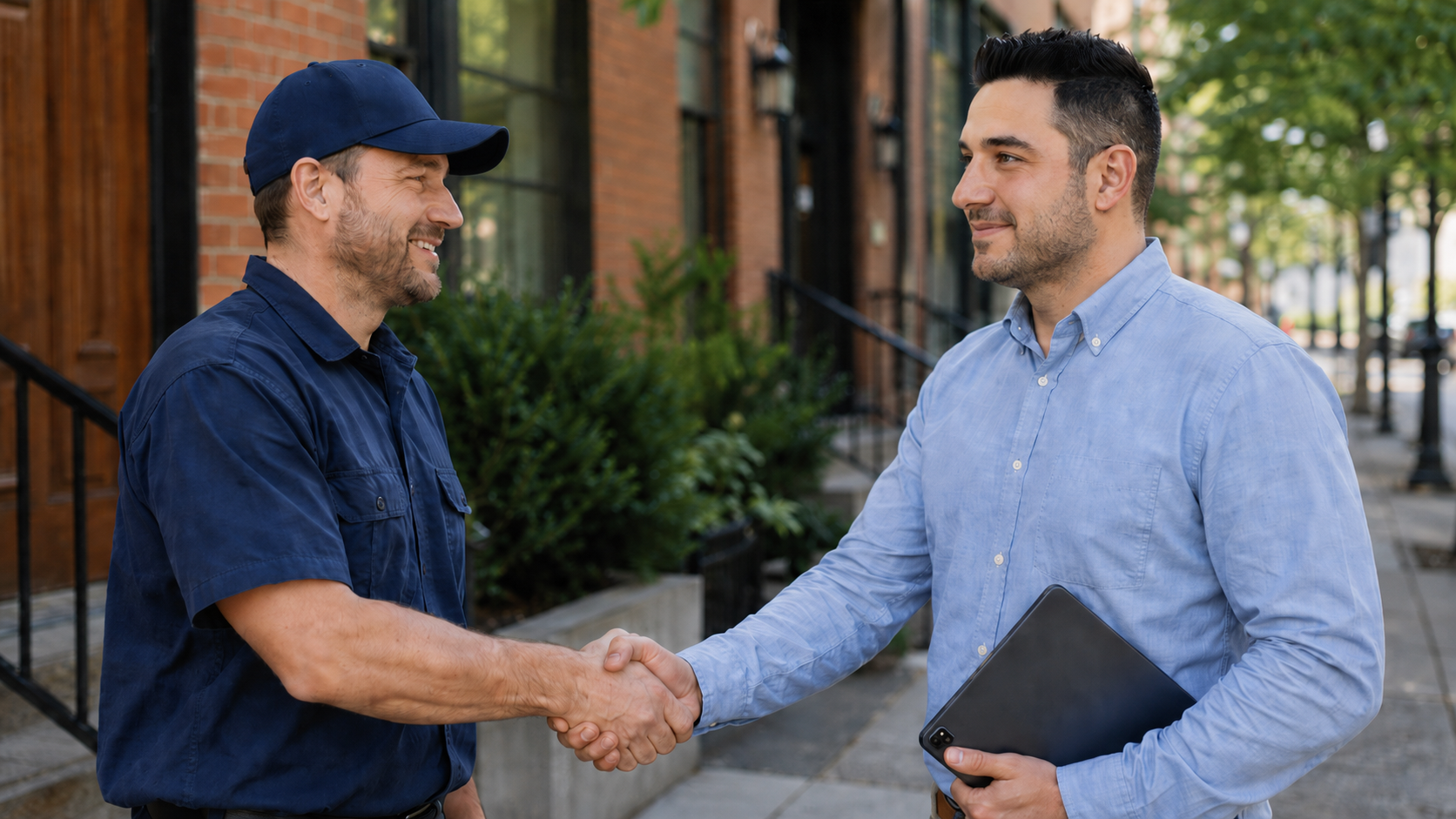 Trusted home service vendor meeting with a property owner