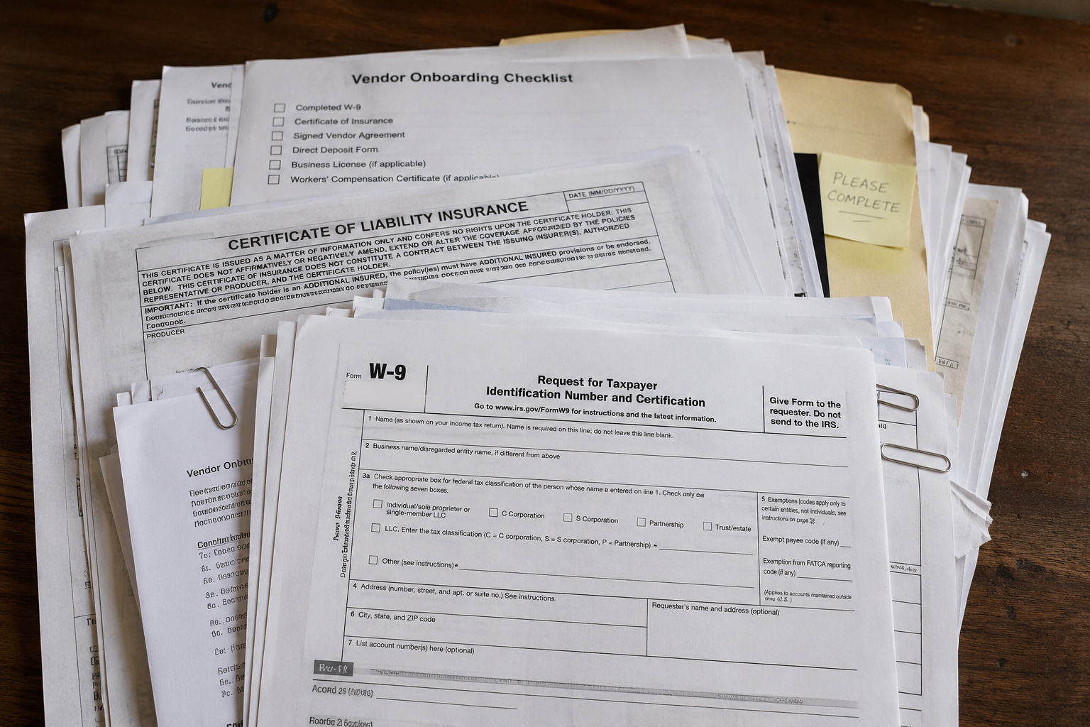 Vendor onboarding paperwork, insurance certificate, and W-9 form on a desk