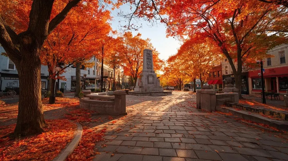 Watertown square with autumn trees and a town monument